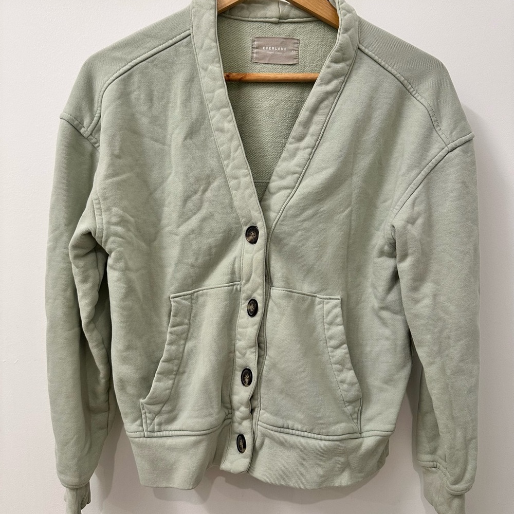 Everlane Organic Cotton Varsity Cardigan in White Sage